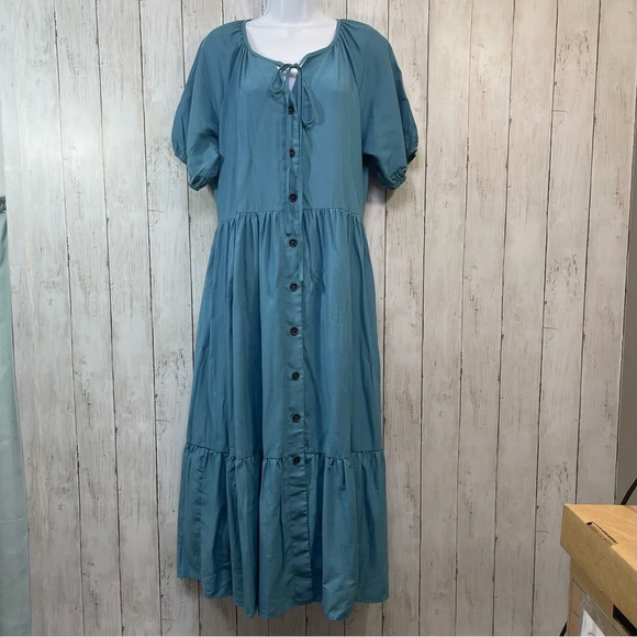 AMKOYAM Women's Puff Sleeve Tie Neck Swing Button Down Ruffle Maxi Dress… - Picture 1 of 9